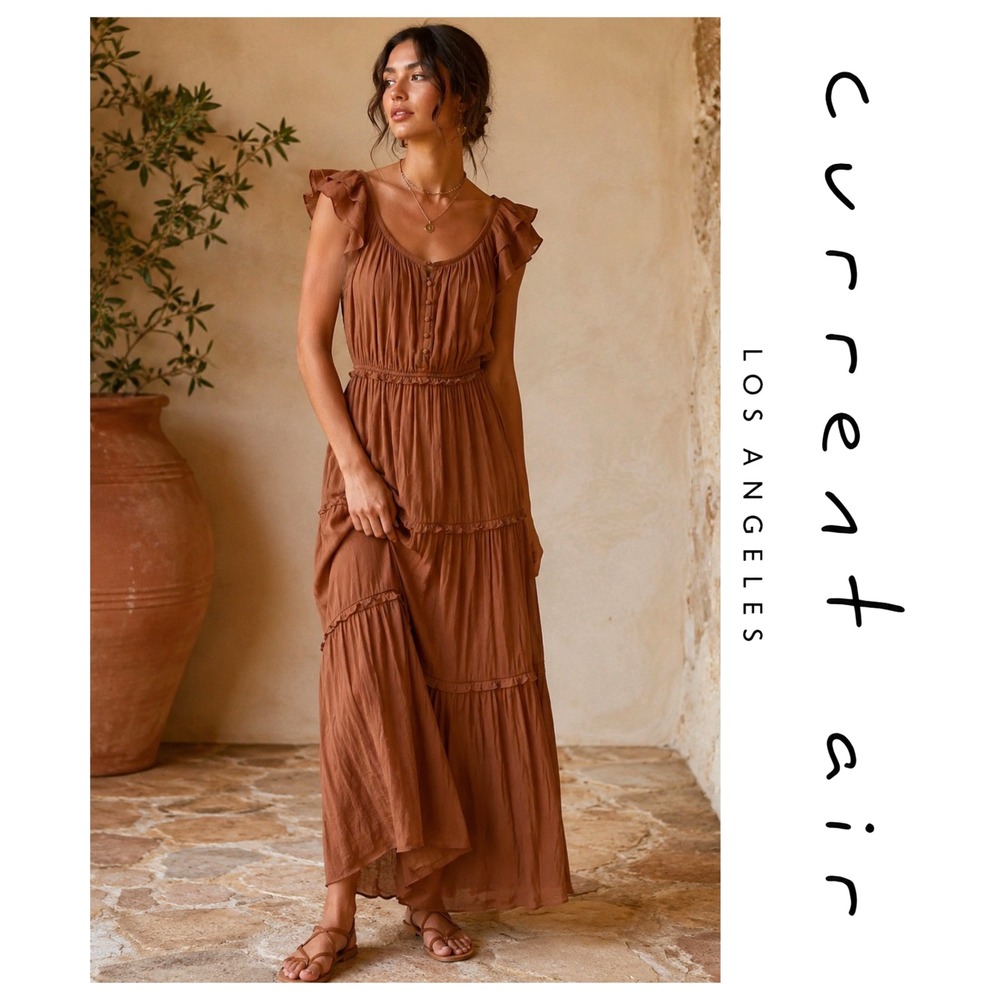 Current Air Anthropologie Rust Flutter Sleeve Tiered Boho Chic Maxi Dress L